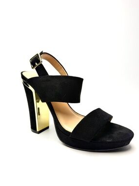 Report Black Platform Block Heel Sandals Gold Heel Accent Women’s Size 7.5